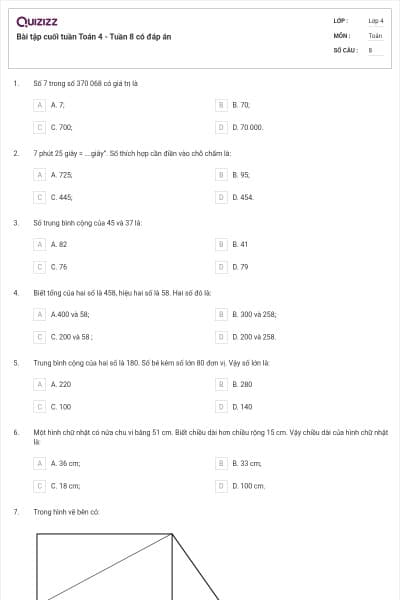Bài tập cuối tuần Toán 4 - Tuần 8 có đáp án