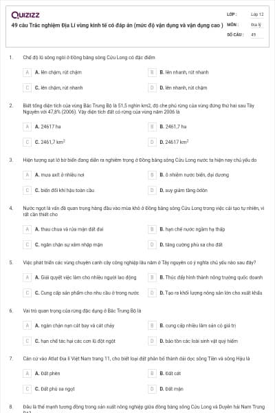 49 câu Trắc nghiệm Địa Lí vùng kinh tế có đáp án (mức độ vận dụng và vận dụng cao )