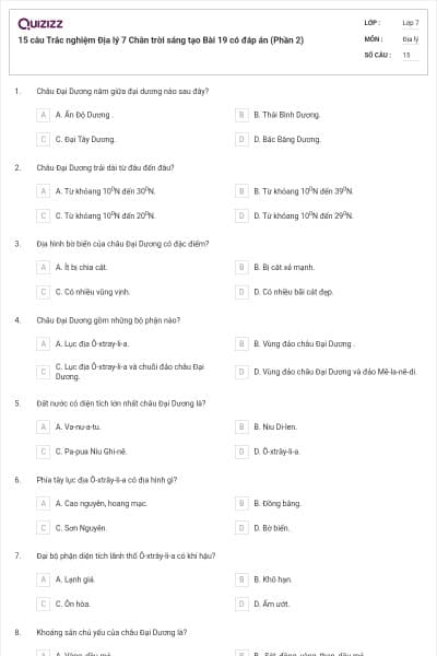 15 câu Trắc nghiệm Địa lý 7 Chân trời sáng tạo Bài 19 có đáp án (Phần 2)