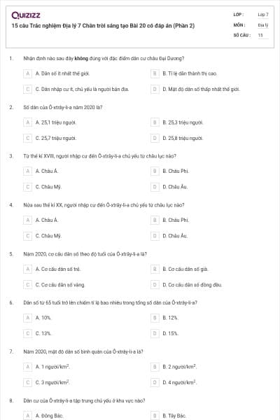 15 câu Trắc nghiệm Địa lý 7 Chân trời sáng tạo Bài 20 có đáp án (Phần 2)