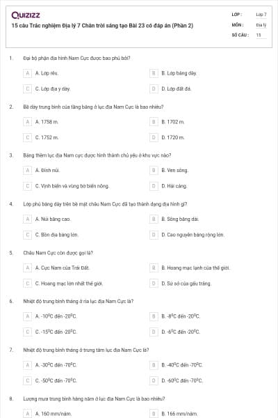 15 câu Trắc nghiệm Địa lý 7 Chân trời sáng tạo Bài 23 có đáp án (Phần 2)