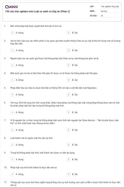 150 câu trắc nghiệm môn Luật so sánh có đáp án (Phần 2)