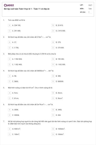 Bài tập cuối tuần Toán 4 học kì 1 - Tuần 11 có đáp án