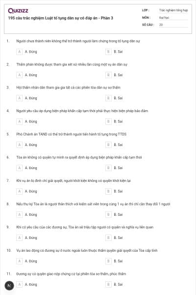 195 câu trắc nghiệm Luật tố tụng dân sự có đáp án - Phần 3