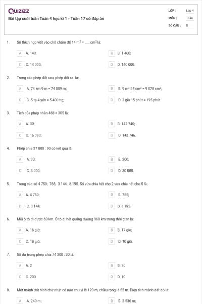 Bài tập cuối tuần Toán 4 học kì 1 - Tuần 17 có đáp án