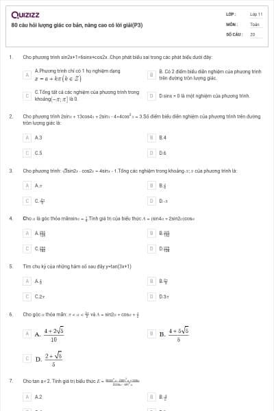 80 câu hỏi lượng giác cơ bản, nâng cao có lời giải(P3)