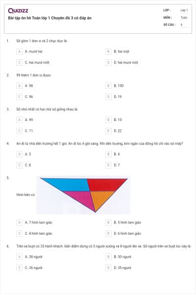 Bài tập ôn hè Toán lớp 1 Chuyên đề 3 có đáp án