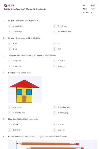 Bài tập ôn hè Toán lớp 1 Chuyên đề 5 có đáp án