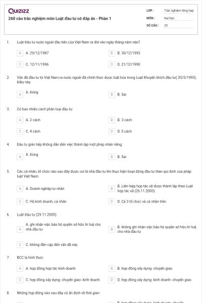 260 câu trắc nghiệm môn Luật đầu tư có đáp án - Phần 1