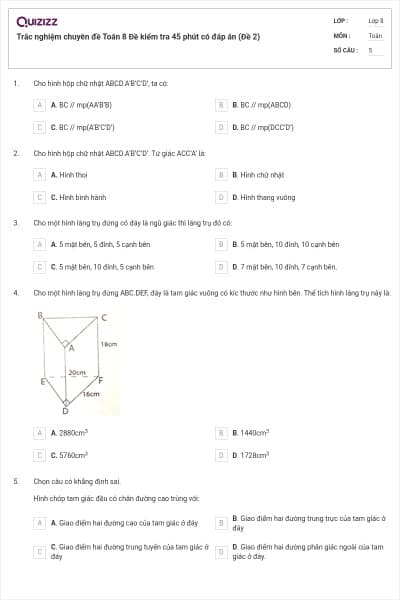 Trắc nghiệm chuyên đề Toán 8 Đề kiểm tra 45 phút có đáp án (Đề 2)