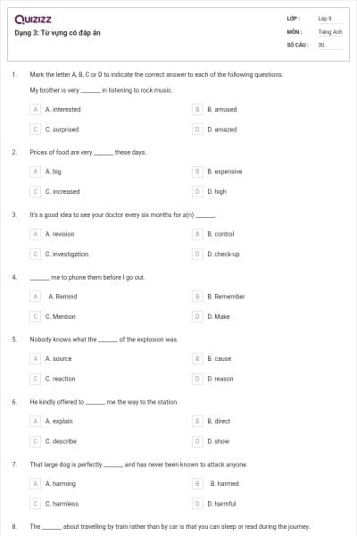 Dạng 3: Từ vựng có đáp án
