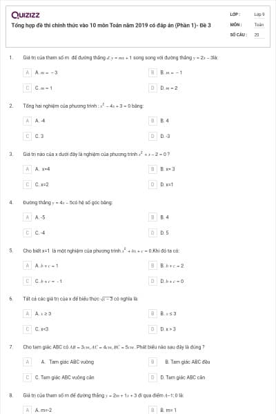 Tổng hợp đề thi chính thức vào 10 môn Toán năm 2019 có đáp án (Phần 1)- Đề 3