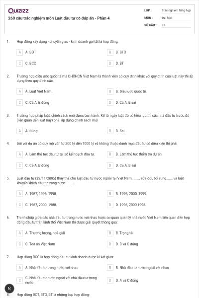 260 câu trắc nghiệm môn Luật đầu tư có đáp án - Phần 4