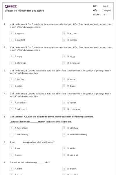 Đề kiểm tra: Practice test 2 có đáp án
