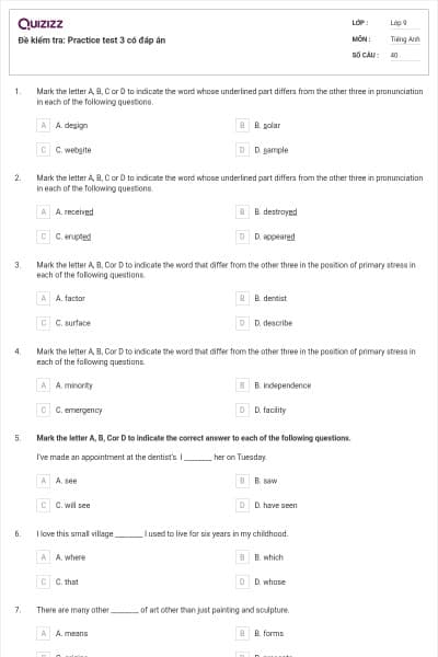 Đề kiểm tra: Practice test 3 có đáp án