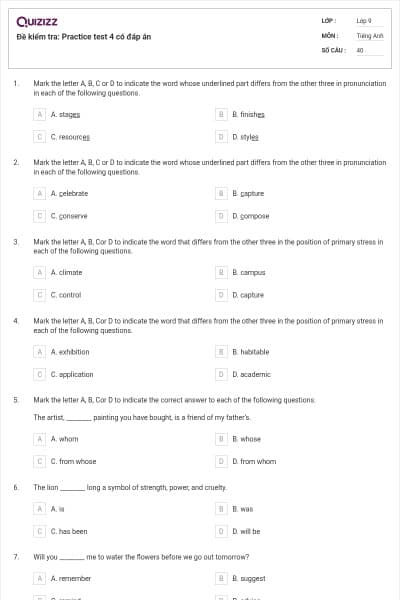 Đề kiểm tra: Practice test 4 có đáp án