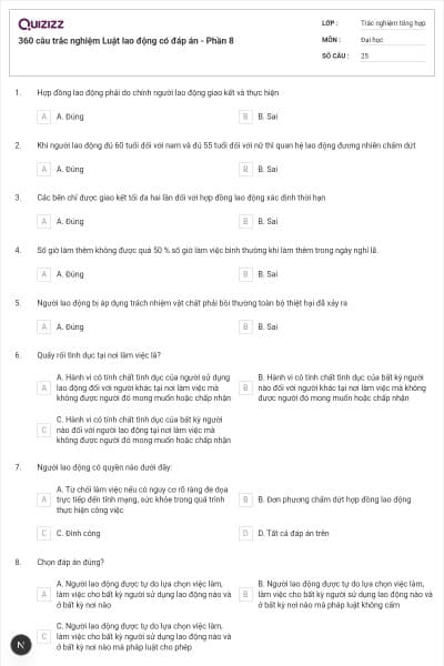 360 câu trắc nghiệm Luật lao động có đáp án - Phần 8