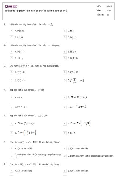 50 câu trắc nghiệm Hàm số bậc nhất và bậc hai cơ bản (P1)
