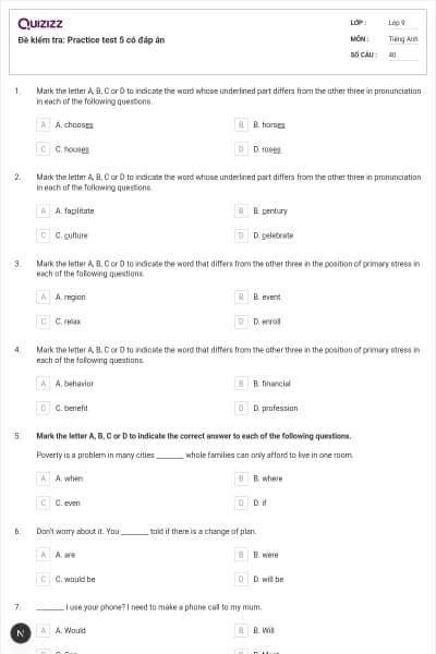 Đề kiểm tra: Practice test 5 có đáp án