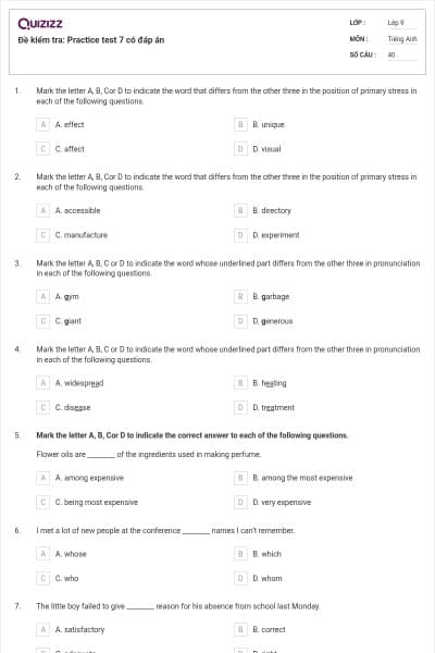 Đề kiểm tra: Practice test 7 có đáp án