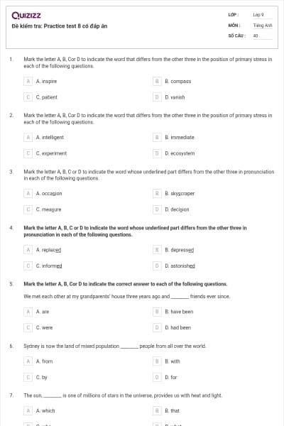 Đề kiểm tra: Practice test 8 có đáp án