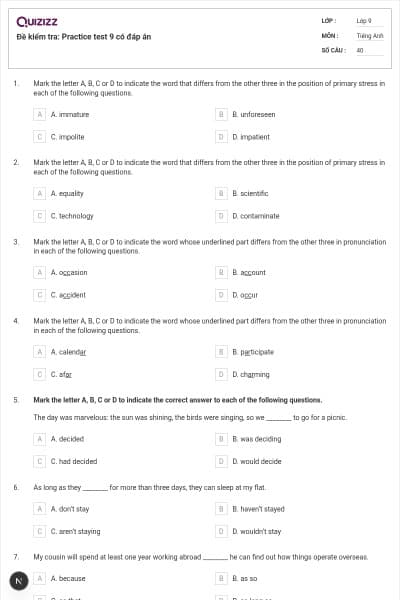 Đề kiểm tra: Practice test 9 có đáp án