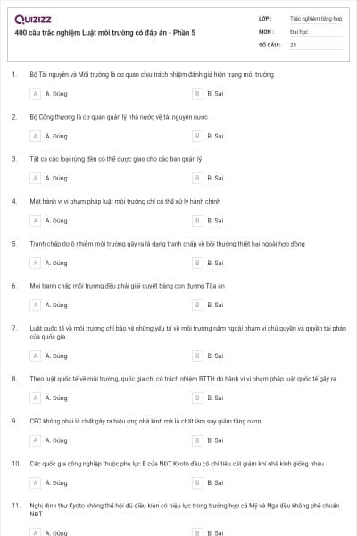 400 câu trắc nghiệm Luật môi trường có đáp án - Phần 5