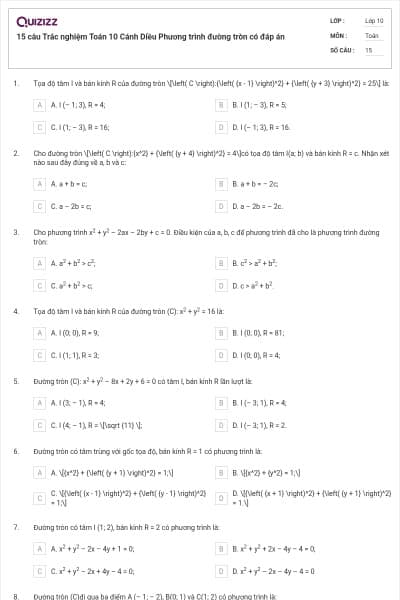 15 câu  Trắc nghiệm Toán 10 Cánh Diều Phương trình đường tròn có đáp án
