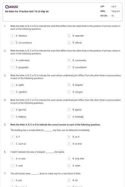Đề kiểm tra: Practice test 10 có đáp án