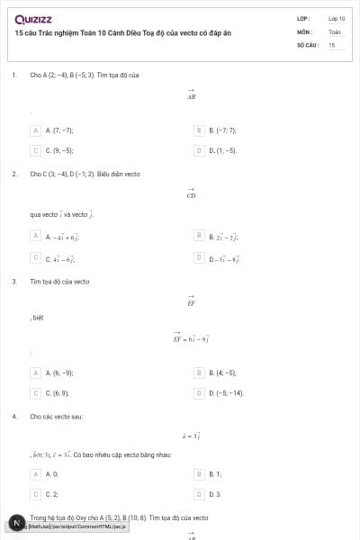 15 câu Trắc nghiệm Toán 10 Cánh Diều Toạ độ của vectơ có đáp án