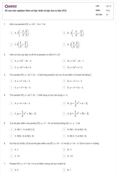 50 câu trắc nghiệm Hàm số bậc nhất và bậc hai cơ bản (P2)