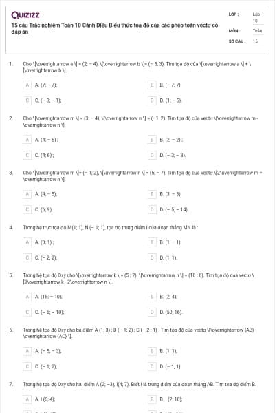15 câu  Trắc nghiệm Toán 10 Cánh Diều Biểu thức toạ độ của các phép toán vectơ có đáp án