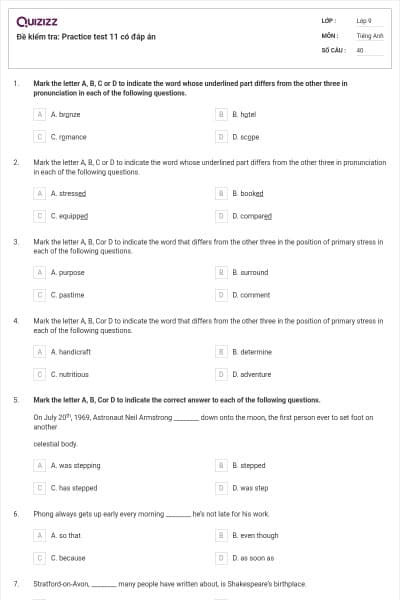 Đề kiểm tra: Practice test 11 có đáp án