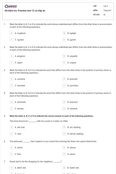 Đề kiểm tra: Practice test 12 có đáp án