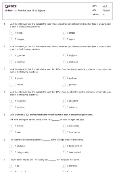 Đề kiểm tra: Practice test 13 có đáp án
