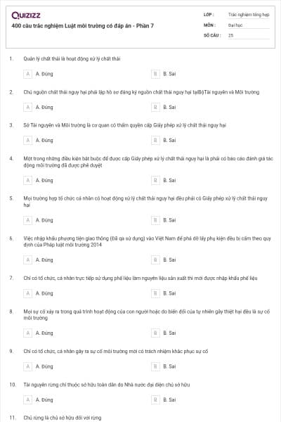 400 câu trắc nghiệm Luật môi trường có đáp án - Phần 7
