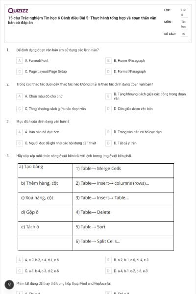 15 câu Trắc nghiệm Tin học 6 Cánh diều Bài 5: Thực hành tổng hợp về soạn thảo văn bản có đáp án