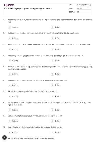 400 câu trắc nghiệm Luật môi trường có đáp án - Phần 8