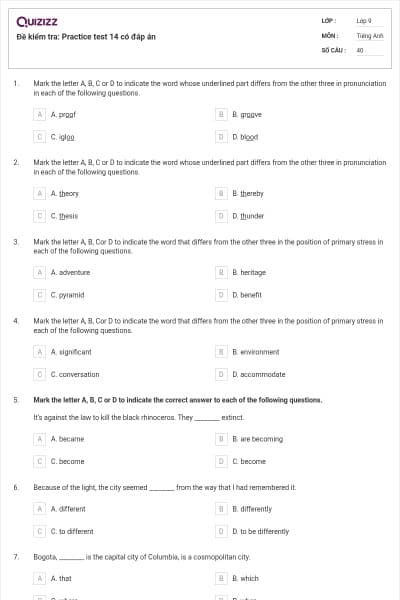 Đề kiểm tra: Practice test 14 có đáp án