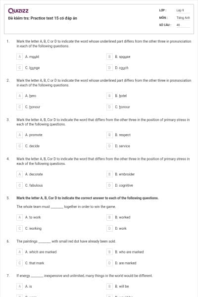 Đề kiểm tra: Practice test 15 có đáp án