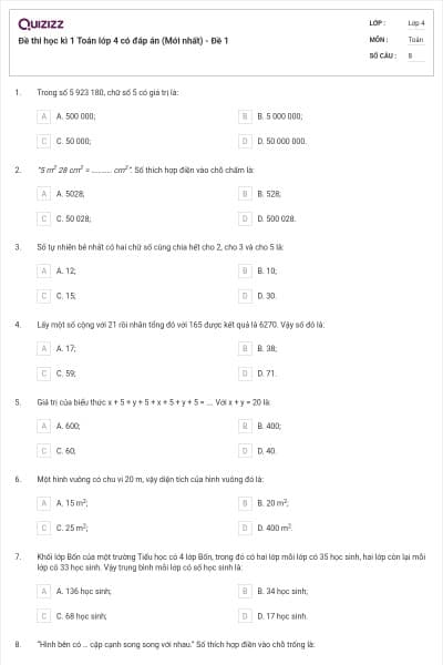 Đề thi học kì 1 Toán lớp 4 có đáp án  (Mới nhất) - Đề 1