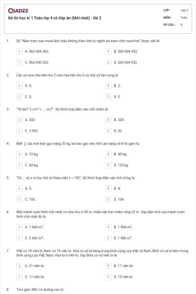 Đề thi học kì 1 Toán lớp 4 có đáp án  (Mới nhất) - Đề 2