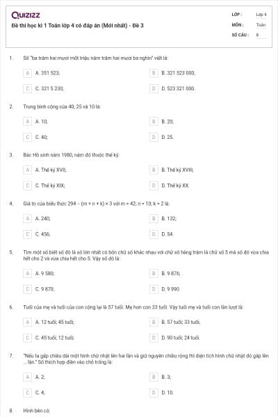 Đề thi học kì 1 Toán lớp 4 có đáp án  (Mới nhất) - Đề 3