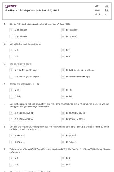 Đề thi học kì 1 Toán lớp 4 có đáp án  (Mới nhất) - Đề 4