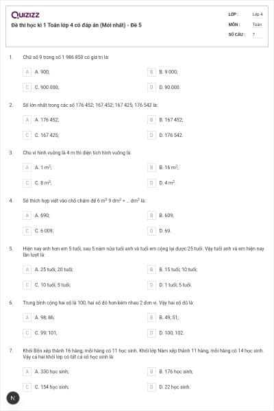 Đề thi học kì 1 Toán lớp 4 có đáp án  (Mới nhất) - Đề 5