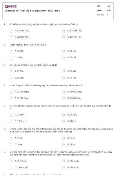 Đề thi học kì 1 Toán lớp 4 có đáp án  (Mới nhất) - Đề 6