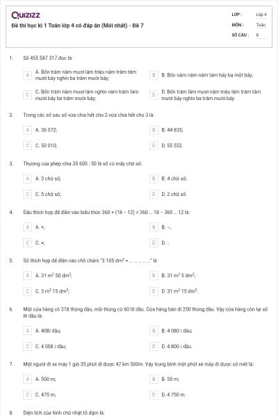 Đề thi học kì 1 Toán lớp 4 có đáp án  (Mới nhất) - Đề 7