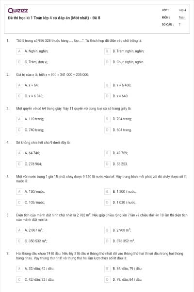 Đề thi học kì 1 Toán lớp 4 có đáp án  (Mới nhất) - Đề 8