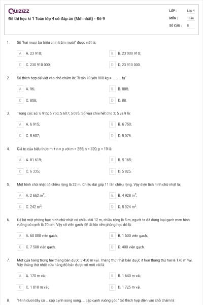Đề thi học kì 1 Toán lớp 4 có đáp án  (Mới nhất) - Đề 9