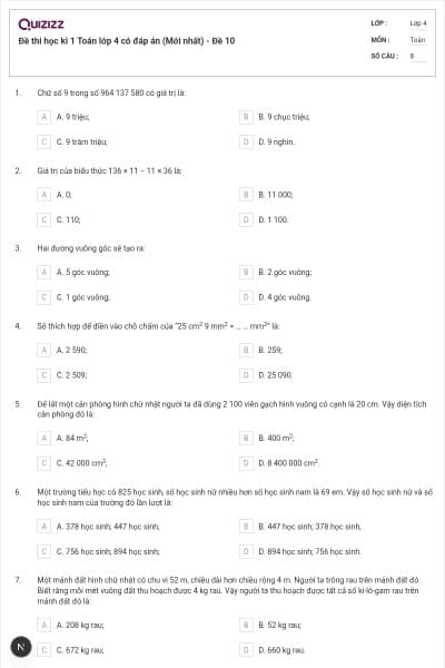 Đề thi học kì 1 Toán lớp 4 có đáp án  (Mới nhất) - Đề 10